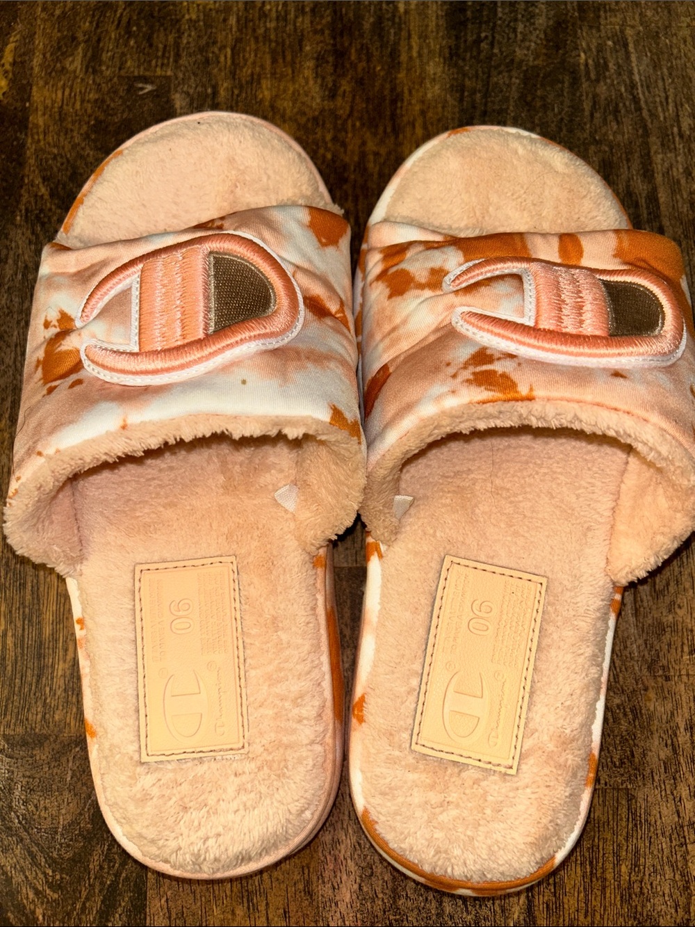 Champion Kids Plush Slide Sandals in Peach & Orange Tie-Dye